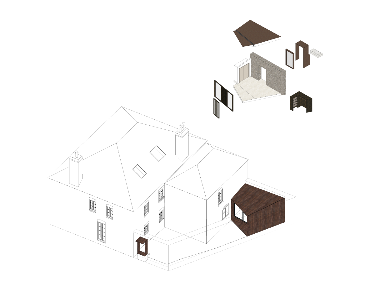 Taper House, kitchen island and table